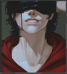 Rule 34 | 1other, 23i2ko, black gloves, black hair, bleeding, blood, blood drip, bloody tears, border, commentary, covering own eyes, english commentary, eye mask, facing viewer, gloves, grey border, grin, hand on own face, hood, hood down, hoodie, medium hair, messy hair, original, red hoodie, smile, solo