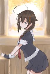 Rule 34 | 1girl, ahoge, black hair, black serafuku, black skirt, blue eyes, braid, commentary request, female focus, fingerless gloves, gloves, hair flaps, hair ornament, hair over shoulder, hair ribbon, hairclip, kantai collection, neckerchief, pleated skirt, red neckerchief, ribbon, school uniform, serafuku, shigure (kancolle), shigure kai ni (kancolle), single braid, skirt, solo, window, yamaioni (sasakama)