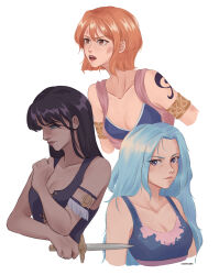 3girls absurdres arm_tattoo armlet artist_name bare_shoulders black_hair blue_eyes blue_hair blunt_bangs closed_mouth cocoyashin commentary highres holding holding_knife jewelry knife long_hair medium_hair multiple_girls nami_(one_piece) nami_(one_piece)_(alabasta) nefertari_vivi nico_robin nico_robin_(alabasta) one_piece orange_eyes orange_hair short_hair simple_background tattoo upper_body white_background