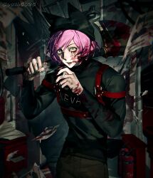 Rule 34 | 1boy, absurdres, animal hat, axe, black eyes, blood, blood in hair, blood on clothes, blood on face, blood on hands, cat hat, chest harness, cigarette, cowboy shot, facial mark, hands up, harness, hat, highres, holding, holding axe, holding cigarette, jinnan00354, looking at viewer, male focus, nyen (randal&#039;s friends), over shoulder, pink hair, randal&#039;s friends, short hair, smoke, smoking, solo, standing, weapon, weapon over shoulder, whisker markings