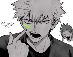 2boys bakugou_katsuki black_shirt boku_no_hero_academia fufufu3561 greyscale kirishima_eijiro looking_at_viewer male_focus monochrome multiple_boys open_mouth pointing pointing_at_self sharp_teeth shirt short_hair simple_background spiked_hair spot_color teeth translation_request upper_teeth_only white_background