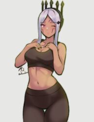 1girl alternate_costume aversa_(fire_emblem) bare_shoulders black_bra black_pants bra breasts cleavage cowboy_shot dark-skinned_female dark_skin facial_mark female_focus fire_emblem fire_emblem_awakening highres leggings medium_breasts navel nintendo one_eye_closed pants red_eyes rotomdocs signature sports_bra sportswear standing stomach thigh_gap twitter_username underwear white_hair wink yoga_pants