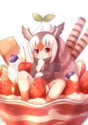 10s 1girl atlantic_puffin_(kemono_friends) bird_wings black_hair blueberry blush cinnamon_stick commentary_request female_focus finger_in_own_mouth food fruit gloves head_wings ice_cream in_food jacket kemono_friends matsuu_(akiomoi) multicolored_hair oversized_food oversized_object pleated_skirt red_hair scarf short_hair sitting skirt socks solo strawberry sundae wafer_stick white_hair wings