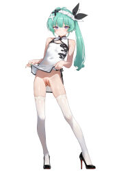 1girl absurdres aqua_hair bare_arms blush bottomless breasts china_dress chinese_clothes cleavage_cutout closed_mouth clothes_lift clothing_cutout commentary commission covered_navel dress eco_376124 floral_print_dress full_body gluteal_fold hair_ornament high_heels highres indie_virtual_youtuber lifting_own_clothes long_hair looking_at_viewer pelvic_curtain pelvic_curtain_lift pixiv_commission print_dress purple_eyes pussy side_ponytail simple_background small_breasts solo standing thighhighs thighs tonari_mei virtual_youtuber white_background white_dress white_thighhighs x_hair_ornament