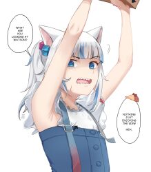 1girl ameiarts animal_ears armpit_focus armpits arms_up blue_eyes blue_skirt cat_ears commentary cube_hair_ornament english_commentary english_text from_below from_side gawr_gura gawr_gura_(casual) hair_ornament highres hololive hololive_english looking_at_viewer multicolored_hair open_mouth ponytail raised_eyebrow sharp_teeth shirt short_hair signature simple_background skirt skirt_set sleeveless solo speech_bubble streaked_hair suspenders sweatdrop talking teeth upper_body virtual_youtuber white_background white_hair white_shirt