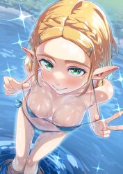 1girl absurdres bare_shoulders bikini blonde_hair blue_bikini blush braid breasts crown_braid from_above green_eyes hair_ornament hairclip highres leaning_forward looking_at_viewer medium_breasts navel nintendo noshiro_tomoya pointy_ears princess_zelda short_hair smile solo strap_pull swimsuit the_legend_of_zelda the_legend_of_zelda:_tears_of_the_kingdom wading water