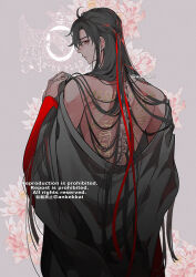 Rule 34 | 1boy, ahoge, anaprico, back, back tattoo, bare shoulders, bishounen, black hair, black hanfu, black robe, chinese clothes, closed mouth, english text, floral background, flower, from behind, grey background, hair down, hair ribbon, half updo, hanfu, highres, long hair, long sleeves, looking at viewer, looking back, male focus, modao zushi, off shoulder, official alternate hairstyle, pink flower, red eyes, red ribbon, ribbon, robe, solo, spine, tattoo, twitter username, undressing, upper body, very long hair, watermark, wei wuxian, wei wuxian (yiling laozu)