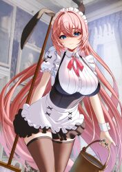 1girl alternate_costume animal_ears apron black_nails black_thighhighs blue_eyes blush bodice breasts bucket closed_mouth commentary_request enmaided fake_animal_ears framed_breasts frilled_apron frilled_sleeves frills highres holding holding_bucket holding_mop hololive inari_(ambercrown) indoors large_breasts long_hair looking_at_viewer maid miniskirt mop nail_polish neck_ribbon official_alternate_hair_length official_alternate_hairstyle paid_reward_available pink_hair puffy_short_sleeves puffy_sleeves red_ribbon ribbed_shirt ribbon shirt short_sleeves skirt smile solo takane_lui thighhighs underbust very_long_hair virtual_youtuber waist_apron white_apron white_shirt white_skirt wrist_cuffs zettai_ryouiki