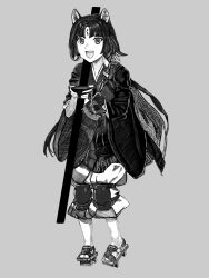 Rule 34 | 1girl, :d, animal ears, arknights, armor, beads, bowl, braid, derivative work, facial mark, forehead mark, full body, geta, grey background, greyscale, hair ribbon, hatching (texture), highres, holding, holding bowl, japanese clothes, kimono, knee pads, linear hatching, long hair, looking at viewer, loss key (ohuro kagekiha), monochrome, open mouth, parted bangs, ribbon, saga (arknights), simple background, smile, solo, standing