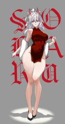 Rule 34 | 1girl, bare legs, breasts, china dress, chinese clothes, dress, english text, grey background, grey hair, hair ornament, high heels, horns, oni, original, red dress, red eyes, soharu youko, tight clothes, tight dress