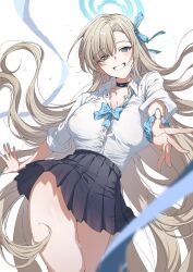 Rule 34 | 1girl, asuna (blue archive), black choker, black skirt, blonde hair, blue archive, blue bow, blue eyes, blue halo, blue nails, blue ribbon, bow, breasts, button gap, choker, cleavage, collared shirt, cowboy shot, grin, hair over one eye, hair ribbon, halo, highres, long hair, looking at viewer, medium breasts, miniskirt, open mouth, pleated skirt, ribbon, school uniform, scrunchie, shirt, skirt, sleeves rolled up, smile, thighs, very long hair, white background, white shirt, wrist scrunchie, youguo naberu