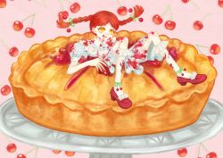 1girl absurdres bad_id bad_pixiv_id bobby_socks braid cherry cherry_hair_ornament cherry_pie commentary food food-themed_hair_ornament freckles fruit hair_bobbles hair_ornament highres in_food jam kneehighs long_hair mary_janes mini_person minigirl original pie red_hair saigasai shoes socks solo tongue tongue_out twin_braids white_socks yellow_eyes