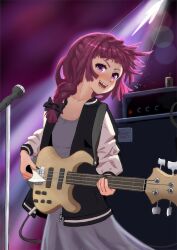 1girl blush bocchi_the_rock! braid braided_ponytail collarbone guitar highres hiroi_kikuri instrument long_hair looking_at_viewer open_mouth ponytail purple_eyes purple_hair sharp_teeth smile solo teeth treepxiv