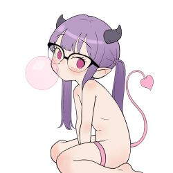 Rule 34 | 1girl, arms between legs, black-framed eyewear, black horns, blowing bubbles, chewing gum, completely nude, demon girl, demon horns, demon tail, female focus, glasses, hair tie, highres, horns, long hair, looking at viewer, nude, original, pink tail, pointy ears, purple eyes, purple hair, qtkat, sidelocks, simple background, sitting, solo, tail, thigh strap, thighs, twintails, wariza, white background