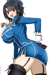 1girl ascot ass back beret black_gloves black_hair black_thighhighs blue_jacket blue_skirt blush breasts chamumi_(mochiumee) garter_straps gloves hat jacket kantai_collection large_breasts long_sleeves looking_at_viewer looking_to_the_side military military_uniform open_mouth red_eyes short_hair skirt solo takao_(kancolle) thighhighs underwear