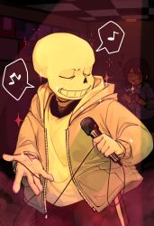 1boy 1other black_shorts blush checkered_ceiling closed_eyes commentary english_commentary frisk_(undertale) gloves hair_between_eyes heart highres holding holding_instrument holding_microphone holding_tambourine indoors instrument jacket microphone minominoks musical_note open_clothes open_jacket sans_(undertale) shirt shorts skeleton sparkle spoken_musical_note spotlight tambourine teeth undertale white_gloves white_shirt