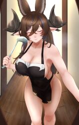 Rule 34 | 1girl, absurdres, animal ears, apron, bare shoulders, black apron, blue hair, blush, breasts, brown hair, cleavage, closed eyes, collarbone, extra ears, fox ears, galleon (granblue fantasy), granblue fantasy, hair between eyes, highres, holding, holding ladle, horns, ladle, large breasts, long hair between eyes, multicolored hair, naked apron, pelvic curtain, pointy ears, smile, solo, streaked hair, thighs, wangxiang qingnian