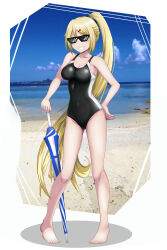 1girl absurdres ash_arms barefoot beach black_one-piece_swimsuit blonde_hair blue_eyes blue_sky breasts cloud competition_swimsuit covered_navel day deal_with_it_(meme) full_body grin highres horizon jersey_(jersey_2237) long_hair looking_at_viewer medium_breasts meme military ocean one-piece_swimsuit outdoors p-51a_(ash_arms) planted planted_umbrella ponytail sky smile solo sunglasses swimsuit two-tone_swimsuit umbrella