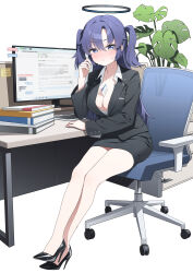 Rule 34 | 1girl, absurdres, between breasts, black halo, black skirt, blue archive, book, book stack, breasts, business suit, chair, collared shirt, dhrmawk159, formal clothes, hair between eyes, halo, high heels, highres, id card, large breasts, long hair, looking at viewer, mechanical halo, miniskirt, monitor, office chair, office lady, partially unbuttoned, plant, potted plant, purple eyes, purple hair, red pupils, shirt, sitting, skirt, skirt suit, solo, suit, swivel chair, two side up, white shirt, yuuka (blue archive)