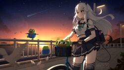 1girl ahoge ardenlolo bag biceps bird black_gloves black_nails black_sailor_collar black_skirt black_thighhighs blush breasts character_name demon_girl demon_horns demon_tail fingerless_gloves gloves grey_eyes grey_hair hair_ornament hairpin horns indie_virtual_youtuber long_hair looking_to_the_side medium_breasts miniskirt nail_polish night night_sky on_railing pepe_the_frog railing sailor_collar school_uniform serafuku shirt skirt sky smile star_(sky) starry_sky sun tail thighhighs vei_(vtuber) vei_(vtuber)_(11th_costume) virtual_youtuber water white_serafuku white_shirt