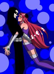 1boy 1girl alien black_hair blush boots cartoon_network couple dc_comics dick_grayson flying gloves green_eyes held_up hetero hug mask microskirt midriff nightwing red_hair skirt starfire teen_titans thigh_boots thighhighs very_long_hair zettai_ryouiki