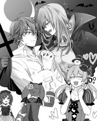 10s 1boy 4girls admiral_(kancolle) admiral_arisugawa alternate_costume anchor_hair_ornament anger_vein bat_(animal) bat_wings bismarck_(kancolle) cape choker crescent_moon fourth_wall greyscale hair_ornament halloween hat heart kantai_collection mini_hat mini_top_hat monochrome moon multiple_girls nagomi_(mokatitk) nintendo paint_can paint_roller painting_(action) prinz_eugen_(kancolle) ryuujou_(kancolle) shirt souryuu_(kancolle) splatoon_(series) splatoon_1 top_hat vampire_costume wings
