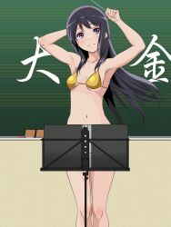 1girl armpits arms_up bikini black_hair breasts chalkboard closed_mouth conductor_baton floating_hair gold_bikini hibike!_euphonium holding_baton kousaka_reina long_hair looking_at_viewer maruze_circus music_stand navel purple_eyes small_breasts solo stomach swimsuit very_long_hair