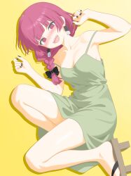 Rule 34 | 1girl, @ @, absurdres, armpits, bare legs, black bow, blunt bangs, blush, bocchi the rock!, bow, braid, braided ponytail, breasts, cleavage, collarbone, commentary, double strap slip, dress, fingernails, full body, geta, hair bow, highres, hiroi kikuri, long hair, majikichi915, medium breasts, nail polish, nose blush, on one knee, red eyes, red hair, sharp teeth, sleeveless, sleeveless dress, smile, solo, teeth