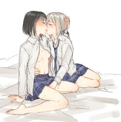 Rule 34 | 2girls, aoba moca, bamboo9545, bang dream!, barefoot, black hair, blue necktie, blue skirt, closed eyes, collared shirt, commentary request, fingering, french kiss, grey hair, hand on another&#039;s head, hand on another&#039;s waist, haneoka school uniform, highres, kiss, kneeling, mitake ran, multicolored hair, multiple girls, navel, necktie, open clothes, open shirt, plaid clothes, plaid skirt, pleated skirt, red hair, school uniform, shirt, short hair, simple background, skirt, streaked hair, sweat, tongue, tongue out, white background, white shirt, yuri