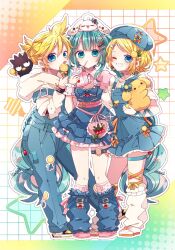 Rule 34 | 1boy, 2girls, ;d, badtz-maru, blonde hair, blue dress, blue eyes, blue hair, blue hat, blue pants, blue socks, blush, candy, cinnamoroll, commentary request, dress, food, full body, grid background, grin, hat, hatsune miku, highres, holding, holding candy, holding food, holding juice box, holding lollipop, kagamine len, kagamine rin, kaho 0102, lollipop, long hair, looking at viewer, multiple girls, one eye closed, open mouth, outline, pants, pink shoes, pompompurin, sanrio, shirt, shoes, short hair, smile, socks, standing, star (symbol), vocaloid, white hat, white outline, white shirt, white shoes, white socks, yellow shoes