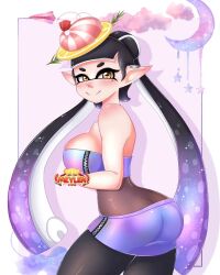 1girl artist_request ass bare_shoulders blush breasts callie_(splatoon) callie_(summer_nights)_(splatoon) cleavage crop_top food from_behind fruit highres large_breasts lemon lemon_slice looking_back meylenetmz moon nintendo pointy_ears see-through_clothes shrimp sleeveless splatoon_(series) splatoon_3 star_(symbol) tentacle_hair twintails