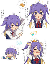 Rule 34 | 1girl, aged down, alternate costume, alternate hairstyle, arm hug, blonde hair, blue vest, blush, bow, bowtie, burger, closed eyes, colored inner hair, commentary, eating, food, gradient eyes, gradient hair, hair ornament, holding, holding burger, holding food, hololive, hololive indonesia, long hair, ludwigtk, moona hoshinova, moonabito (moona hoshinova), multicolored eyes, multicolored hair, multiple views, paper crown, purple eyes, purple hair, red bow, red bowtie, shirt, simple background, sparkle, star (symbol), star hair ornament, starry hair, translation request, two-tone hair, two side up, vest, virtual youtuber, white background, white shirt, yellow eyes