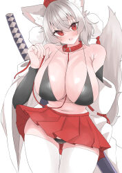 Rule 34 | 1girl, absurdres, animal collar, animal ear fluff, animal ears, black arm warmers, black bra, black panties, blush, bra, breasts, collar, commentary request, double-parted bangs, grey hair, hair between eyes, hat, highres, holding own leash, huge breasts, inubashiri momiji, kneeling, leash, leash between breasts, looking at viewer, miniskirt, navel, no shirt, offering leash, open mouth, panties, pleated skirt, pom pom (clothes), raised inner eyebrows, red collar, red eyes, red hat, red ribbon, red skirt, regua, ribbon, ribbon-trimmed sleeves, ribbon trim, short hair, simple background, skirt, solo, sword, tail, teeth, thighhighs, tokin hat, touhou, underwear, upper teeth only, weapon, white background, white sleeves, white thighhighs, wolf ears, wolf girl, wolf tail