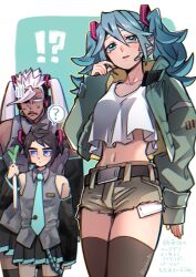 !? 2boys ? adapted_costume artist_name belt black_hair cosplay costume_switch crossdressing gundam gundam_tekketsu_no_orphans hatsune_miku hatsune_miku_(cosplay) headphones highres jacket midriff mikazuki_augus multiple_boys navel orga_itsuka speech_bubble spoken_question_mark spring_onion tank_top twintails twitter_username vocaloid white_hair white_tank_top ykhrotto