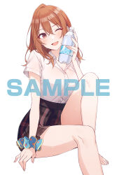 1girl :d bare_legs barefoot black_skirt blush bottle breasts collared_shirt commentary_request crossed_bangs double-parted_bangs hair_between_eyes hand_up holding holding_bottle kohinata_iroha_(imouuzai) looking_at_viewer miniskirt official_art one_eye_closed open_mouth plaid_clothes plaid_skirt pleated_skirt sample_watermark school_uniform scrunchie second-party_source shirt short_sleeves simple_background sitting skirt smile solo thighs tomari_(veryberry00) tomodachi_no_imouto_ga_ore_ni_dake_uzai watermark white_background white_shirt wing_collar wrist_scrunchie