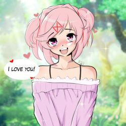 Rule 34 | 1girl, artist name, blush, bob cut, bush, collarbone, day, doki doki literature club, english text, eyeliner, fang, forest, grass, hair intakes, hair ornament, hair ribbon, hairclip, happy, head tilt, heart, looking at viewer, makeup, natsuki (doki doki literature club), nature, nature background, open mouth, outdoors, pink eyes, pink hair, purple sweater, red ribbon, ribbon, short hair, solo, sparkle, speech bubble, sweater, teeth, the fish art, tree, upper body, upper teeth only