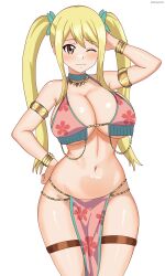Rule 34 | 1girl, absurdres, alternate hair length, alternate hairstyle, armlet, armpit crease, bare shoulders, blonde hair, bra, bracelet, breasts, brown eyes, cleavage, clenched hands, collarbone, curvy, dancer, eclypsea, eyelashes, fairy tail, fairy tail: dragon cry, female focus, floral print, groin, hair between eyes, hair ornament, halterneck, hand on own hip, hand up, highres, jewelry, large breasts, legs together, light blush, loincloth, long hair, long twintails, looking at viewer, lots of jewelry, lucy heartfilia, lucy heartfilia (bar altair dancer) (fairy tail), midriff, navel, neck, necklace, official alternate hairstyle, one eye closed, pelvic curtain, print bra, print loincloth, revealing clothes, shiny skin, shy, sidelocks, simple background, smile, standing, stomach, thighlet, twintails, underboob, underwear, white background, wink