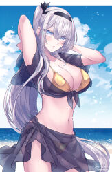 1girl alternate_costume arms_behind_head beach bikini black_hairband black_sarong blue_sky breasts cleavage cloud commentary_request cowboy_shot day fuyutsuki_(kancolle) gold_bikini grey_eyes grey_hair hairband highres horizon kabocha_torute kantai_collection large_breasts long_hair ocean one-hour_drawing_challenge one_side_up outdoors sarong shirt sky solo swimsuit tied_shirt