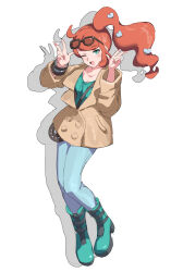 1girl aqua_eyes aqua_shirt black-framed_eyewear blue_pants blush boots breasts brown_coat coat collarbone eyewear_on_head green_boots green_eyes hair_ornament heart heart_hair_ornament highres huanxiang_huifeng long_hair looking_at_viewer nintendo one_eye_closed open_mouth orange-tinted_eyewear orange_hair pants pokemon pokemon_swsh ribbed_shirt shirt side_ponytail smile solo sonia_(pokemon) sunglasses tinted_eyewear