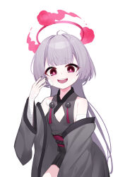 1girl absurdres bandaged_arm bandaged_hand bandages bell black_kimono black_nails blue_archive cleavage_cutout clothing_cutout coat commentary_request fangs flat_chest gauze gauze_on_cheek grey_coat grey_hair halo highres japanese_clothes jingle_bell kimono long_hair long_sleeves looking_at_viewer open_clothes open_coat open_mouth red_eyes red_halo shuro_(blue_archive) sideless_kimono sideless_outfit simple_background smile solo teeth tongue upper_teeth_only white_background wlswlp