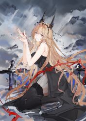 1girl absurdres azur_lane bare_arms bare_shoulders black_dress black_horns black_thighhighs blonde_hair braid breasts commentary dress falling_petals flantia frills full_body garter_straps glorious_(azur_lane) glorious_(meta)_(azur_lane) grey_eyes hair_between_eyes hair_ornament hands_up highres holding horns large_breasts long_dress long_hair looking_at_viewer open_mouth petals red_petals sitting sleeveless sleeveless_dress thighhighs thighs very_long_hair