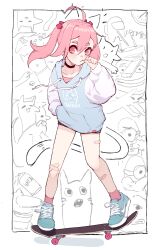 1girl absurdres ahoge bandaid bandaid_on_knee bandaid_on_leg black_choker blue_hoodie blush candy cat choker food hair_between_eyes hair_ornament hand_in_pocket hand_up highres holding hood hood_down hoodie k-rha&#039;s lollipop long_sleeves looking_at_viewer original pink_eyes pink_hair pink_nails pink_shirt pink_socks shirt shoes shorts skateboard sleeves_past_wrists sneakers socks solo standing twintails white_hoodie