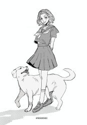 Rule 34 | 1girl, animal, arms behind back, arnold (jojo), choker, commentary, diamond wa kudakenai, dog, full body, greyscale, hairband, halftone, highres, jojo no kimyou na bouken, loafers, monochrome, neckerchief, open mouth, pleated skirt, rr8560, school uniform, serafuku, shoes, short hair, short sleeves, skirt, smile, socks, solo, sugimoto reimi, symbol-only commentary