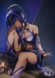 1girl bare_shoulders blue_eyes blue_hair blue_nails blush candace_(genshin_impact) closed_mouth dark-skinned_female dark_skin foot_out_of_frame genshin_impact genyaky hair_ornament heterochromia highres jewelry long_hair long_sleeves looking_at_viewer nail_polish navel night outdoors signature sitting smile thighlet thighs toenail_polish toenails yellow_eyes
