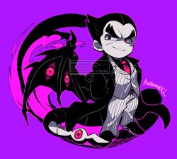 1boy closed_mouth coat extra_eyes full_body highres kotorai looking_at_viewer male_focus mishima_kazuya purple_background purple_theme scar scar_on_face simple_background single_wing solo tail tekken thick_eyebrows v-shaped_eyebrows wing_eyes wings