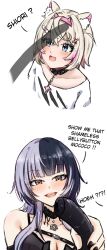 2girls animal_ears bandaid bandaid_hair_ornament black_choker black_dress black_hair blonde_hair blue_eyes breasts choker cleavage collar commentary dog_ears dog_girl dress english_commentary english_text fang fluff grey_hair hair_ornament hairband highres hololive hololive_english horn_hairband large_breasts long_hair mococo_abyssgard mococo_abyssgard_(1st_costume) multicolored_hair multiple_girls open_mouth penguin_stamp pink_hairband shiori_novella shirt simple_background skin_fang split-color_hair streaked_hair teeth two-tone_hair virtual_youtuber white_background white_shirt x_hair_ornament yellow_eyes