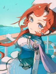 1girl aisu_(ahono_ice) barcarola_(reverse:1999) blue_cape blue_dress blue_eyes blue_sky cape day dress elbow_gloves gloves grey_gloves hand_on_railing hat highres lifebuoy long_hair looking_at_viewer ocean outdoors parted_lips reverse:1999 simple_bird sky solo swim_ring two-tone_dress upper_body white_dress white_hat