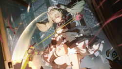 1girl absurdres apron black_boots black_dress black_nails blood blood_on_clothes blood_on_face boots corin_wickes dress green_hair hair_between_eyes highres holding holding_scythe long_hair looking_at_another maid maid_apron maid_headdress open_mouth purple_eyes scythe sidelocks solo standing standing_on_one_leg twintails white_apron yuyiosang zenless_zone_zero