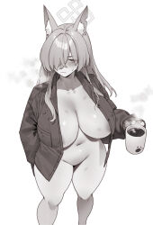 1girl absurdres animal_ear_fluff animal_ears blue_archive blush breasts cleavage closed_mouth coffee cup disposable_coffee_cup disposable_cup dog_ears dog_girl greyscale hair_over_one_eye hand_in_pocket highres holding holding_cup huge_breasts jacket kanna_(blue_archive) long_hair looking_at_viewer mimyo monochrome navel nude open_clothes open_jacket sidelocks solo sweatdrop
