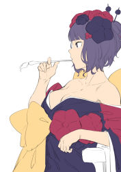 1girl black_eyes breasts calligraphy_brush cleavage closed_mouth dyun fate/grand_order fate_(series) from_side hair_bun hair_ornament hair_stick hand_up highres holding holding_brush japanese_clothes katsushika_hokusai_(fate) kimono large_breasts long_sleeves off_shoulder paintbrush profile purple_hair purple_kimono sash short_hair simple_background single_hair_bun solo white_background wide_sleeves